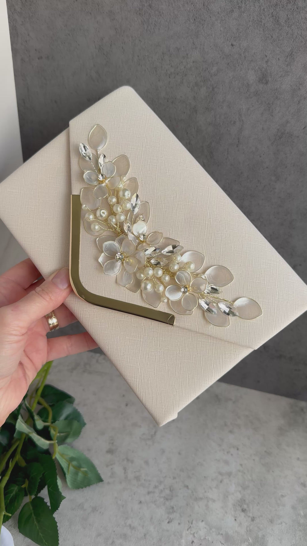 Ivory Pearl Clutch – Bridal Floral Clutch with Pearls & Crystals | Wedding Guest Accessory