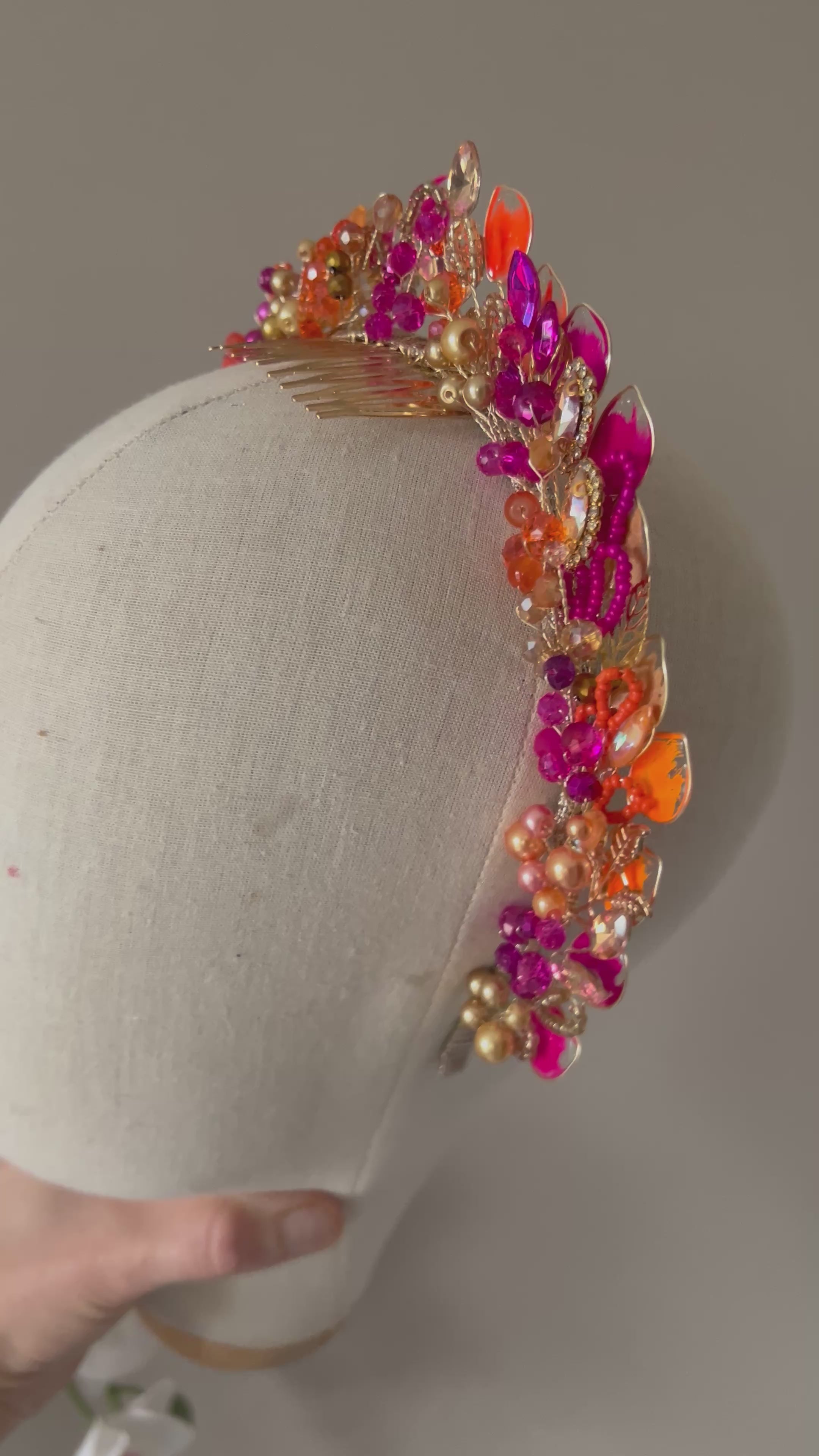 Fucshia, Orange and Gold pointed wedding guest crown