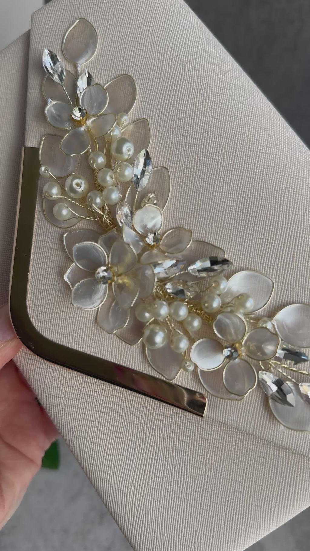 Ivory Pearl Clutch – Bridal Floral Clutch with Pearls & Crystals | Wedding Guest Accessory